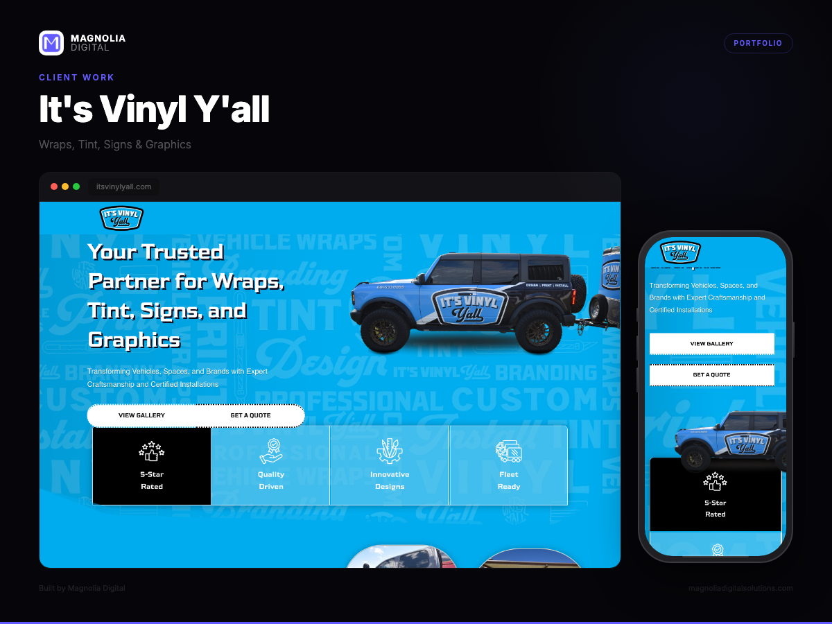 It's Vinyl Y'all website showing vehicle wraps and window tinting services in Canton MS