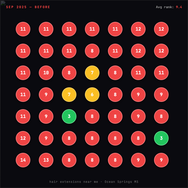 Google Maps grid showing Baylea Joanne ranking positions 8-14 across Ocean Springs area in September 2025