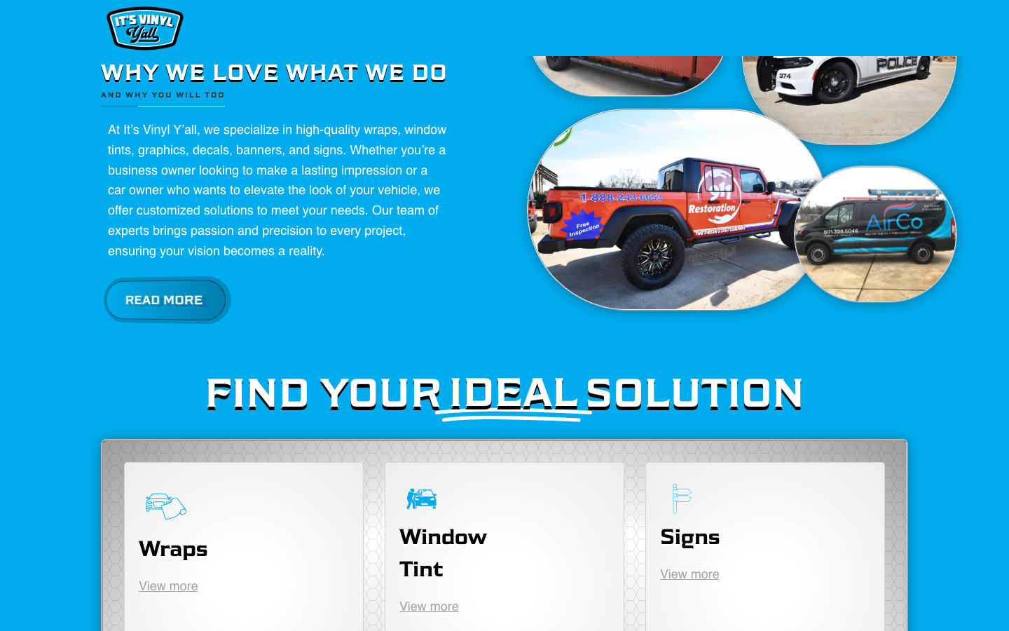 It's Vinyl Y'all services page showing vehicle wraps, window tint, signs, and fleet graphics