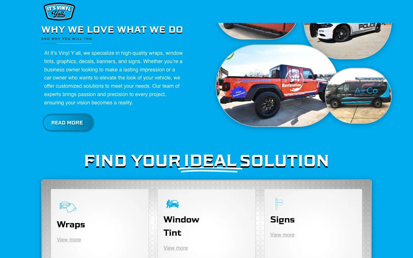 It's Vinyl Y'all services page showing vehicle wraps, window tint, signs, and fleet graphics